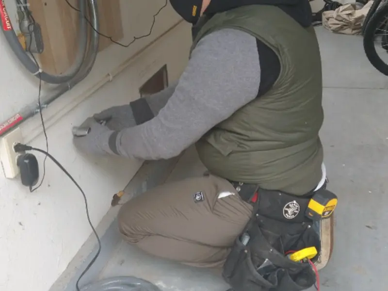 Electrician performing outlet wiring in a Niwot garage